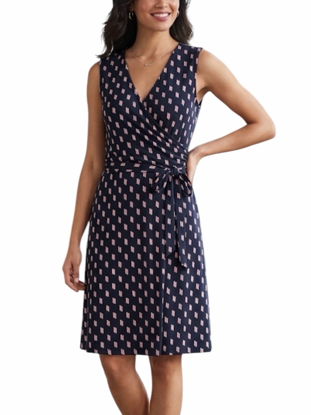 Lands’ End Faux Wrap Sleeveless Dress Navy & Pink Print Tie Waist Size 14–16